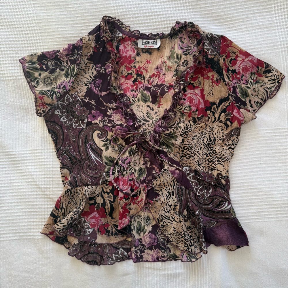 Vintage printed tie front top